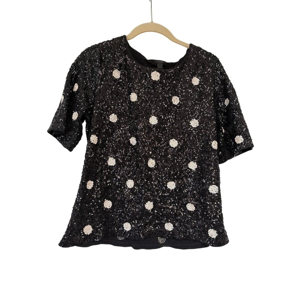 J.Crew Black Sequin Polka Dot Top Short Sleeve Holiday Party Blouse Womens L